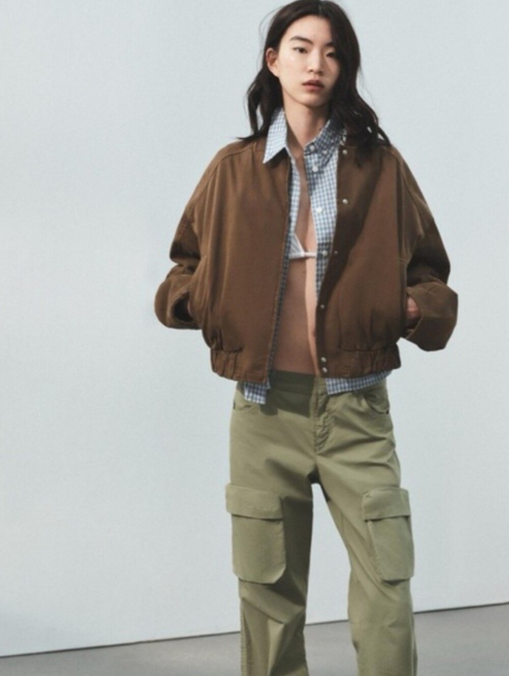 Zara Women's Brown Cropped Bomber Jacket 100% Coton Size L